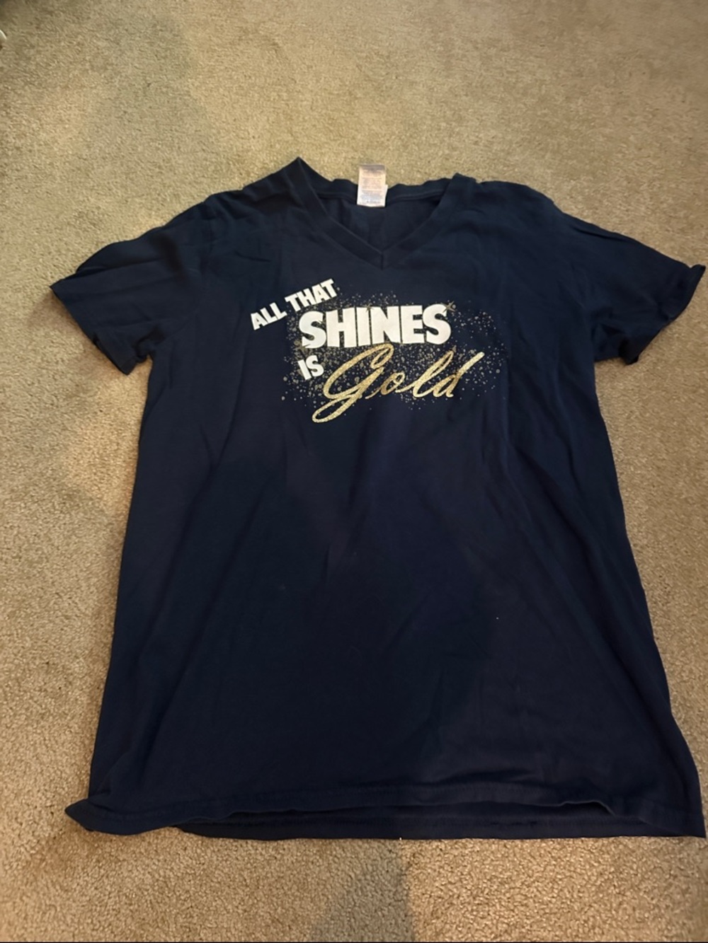Gildan Navy V-Neck Tee with Gold Script Graphic